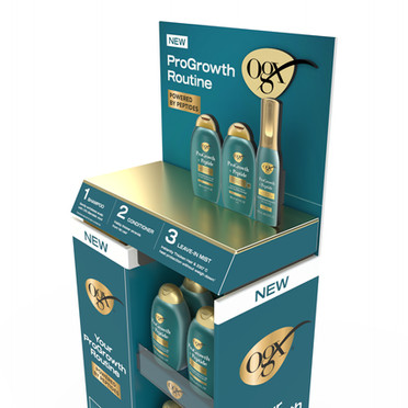 Custom OGX ProGrowth Routine temporary point of sale floor display featuring branded cardboard construction, product shelving and promotional signage for haircare retail merchandising.