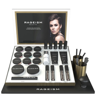 Custom RAGEISM Beauty permanent countertop POS display featuring premium cosmetics testers, makeup products, branded signage and integrated product holders.