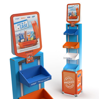 Creative High Impact Cardboard POS floor display for airports, chemists and retail travel stores designed to be in the shape of luggage