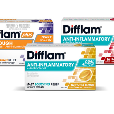 Difflam pharmaceutical packaging design featuring Dry Cough, Raspberry and Honey Lemon product cartons, showcasing branded healthcare packaging and graphic design.