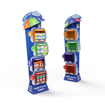 Pharmacy Cold and Flu Winter Themed POS Display Floor Bin with 3D Cut Out Umbrella and winter cloud shape shelf surrounds