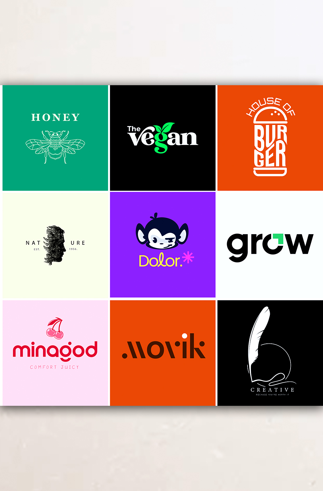 Twelve diverse logos: vegan, grow, etc.