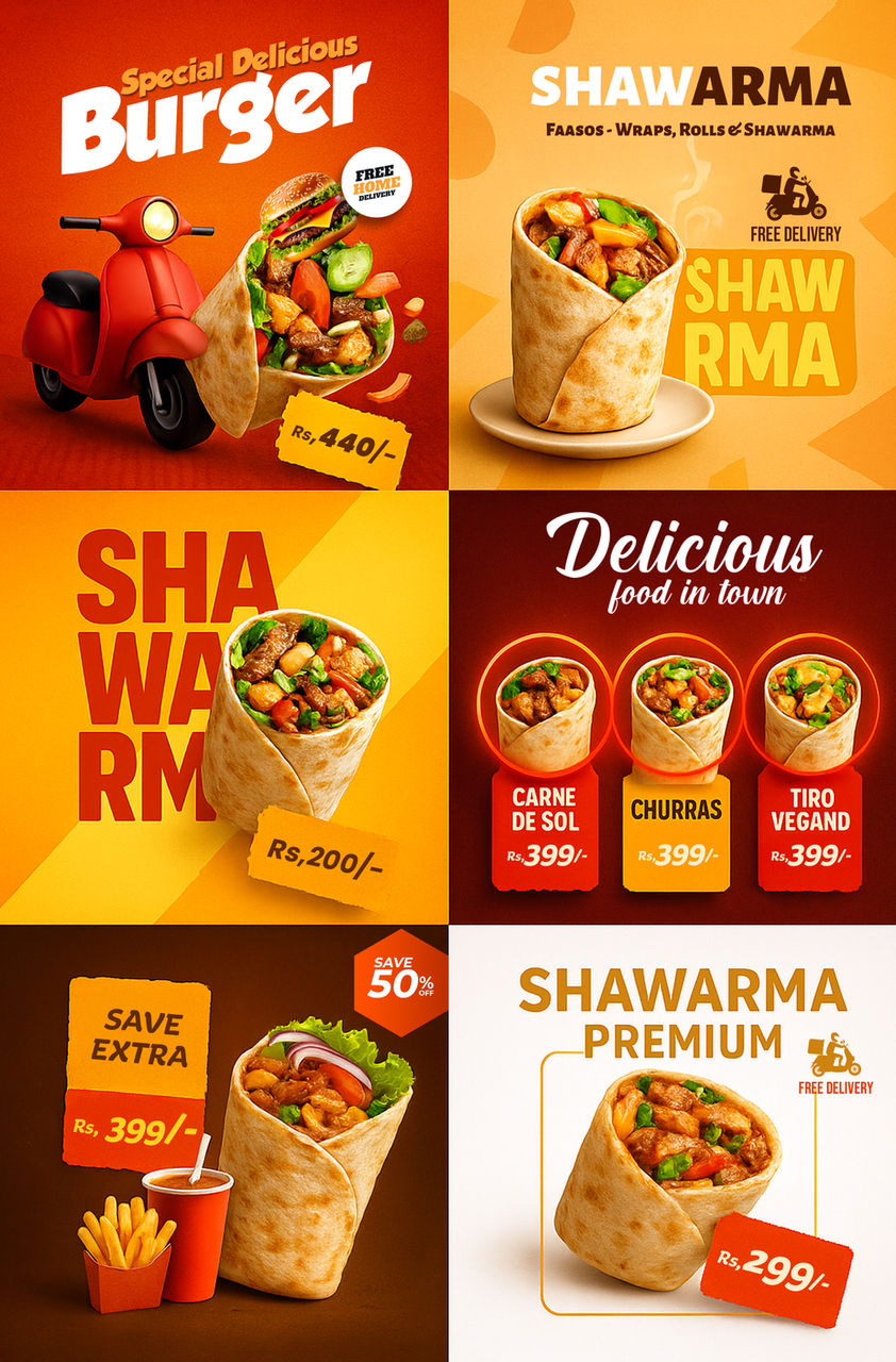 Delicious shawarma and burger ads; order now!