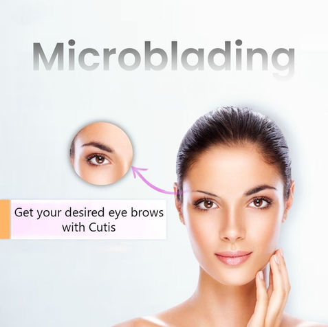 Woman showing microblading process for eyebrows, Get your desired eye brows with Cutis.