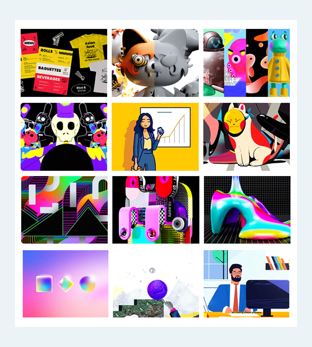 Colorful designs, merchandise, and business graphics