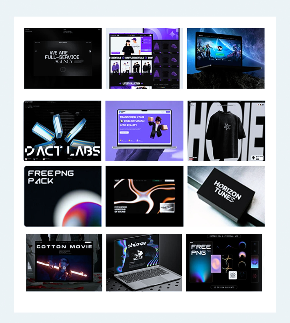 Showcase of dark, modern web design and branding projects
