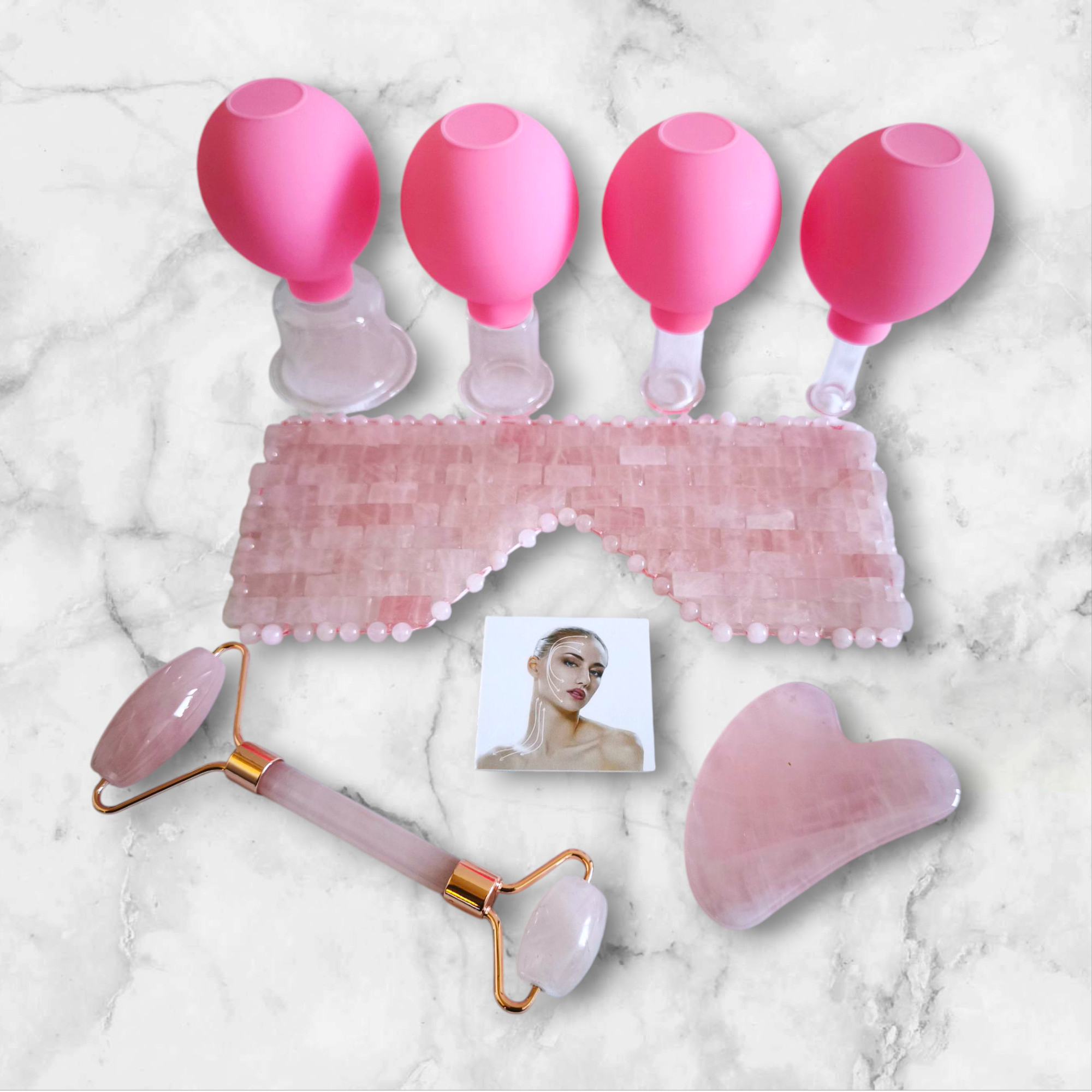 Self Care Set Rose Quartz Crystal Mask Roller, Guasha & 4pcs Facial Cupping Set