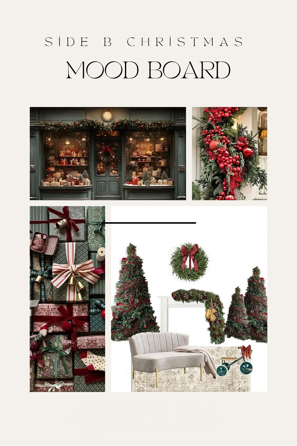 Christmas mood board for Side B setup with garland, wreaths, gift wrap, and red and green holiday trees for festive portraits.