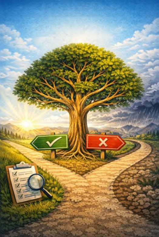 A large tree divides a path with signs: green checkmark left, red X right. Sunlit field on left, stormy skies on right. Clipboard with checks.