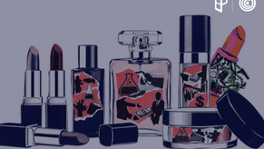 Ilustración de varios productos cosméticos, incluyendo labiales, perfume, esmalte de uñas y crema facial. Los envases contienen imágenes simbólicas relacionadas con actividades ilegales, como laboratorios clandestinos, intercambio de dinero, armas y redes criminales, representando riesgos de falsificación y comercio ilegal en la industria de la belleza y el cuidado personal.