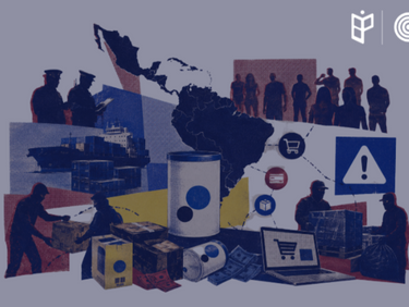 Collage editorial sobre comercio ilegal y cadenas de suministro en América Latina.