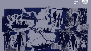 Ilustración tipo collage del mapa de Colombia que representa el contrabando y el comercio fronterizo informal con siluetas de personas y mercancías.