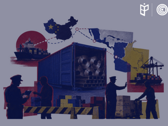 Contenedor con acero chino y rutas comerciales hacia Colombia a través de América Latina.