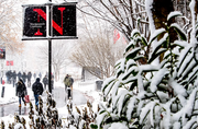 People walk in snow at Northeastern University. A red 'N' logo is prominent. Snowy trees and plants create a wintry atmosphere.