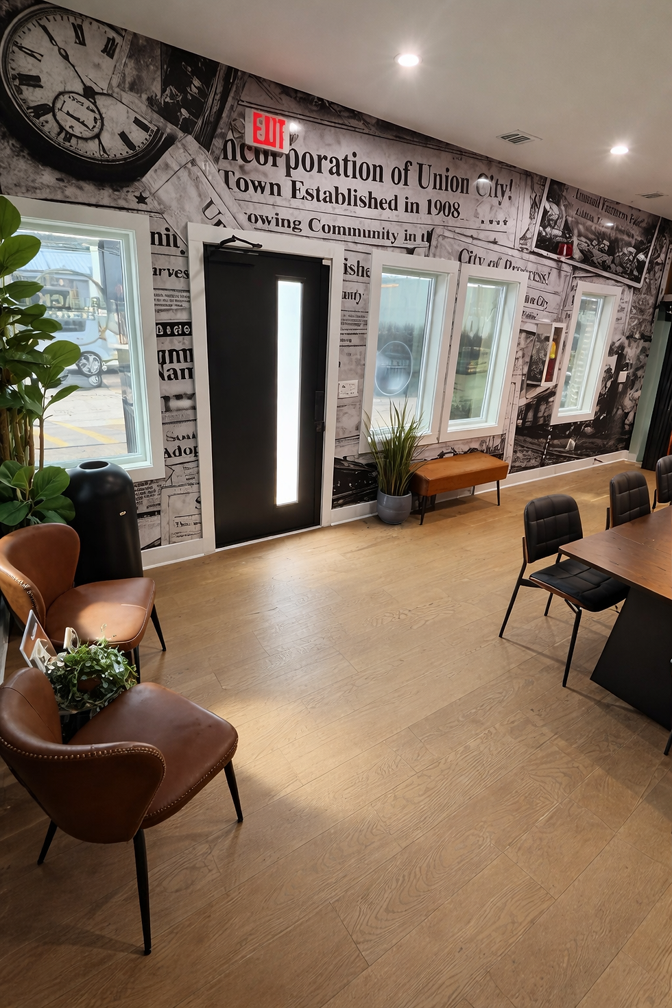 Modern cafe with vintage accent wall.png