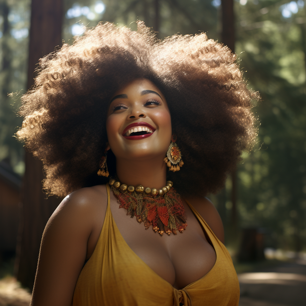 photography portrait of a radiant, plus-size African American man with natural hair, a beard, piercings, tattoos, a tank grey tank top, and a gold necklace, and a serene smile standing in the midst of a multicultural group of people with various expressions