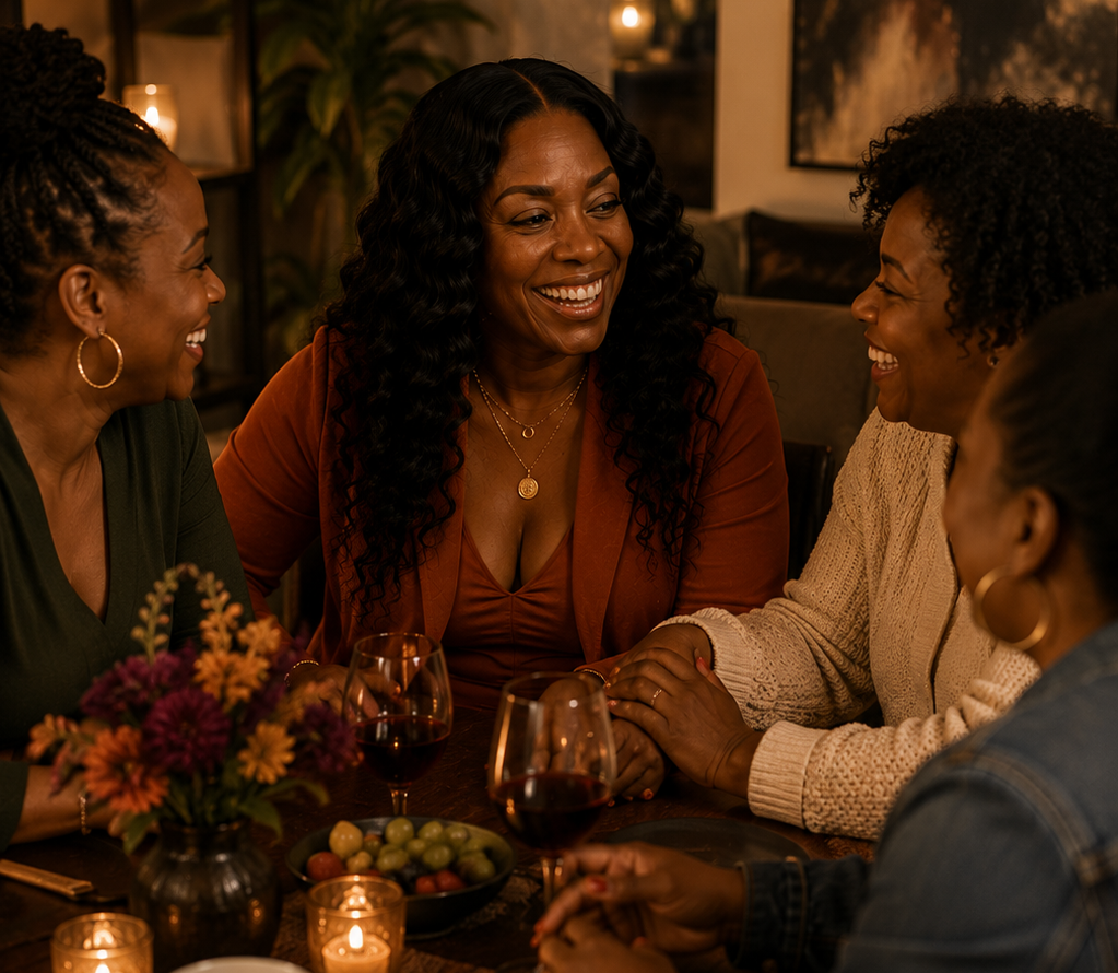 Four Black women laugh together at a candlelit table with wine, fruit, cards, and flowers in a cozy warm-toned living room.
