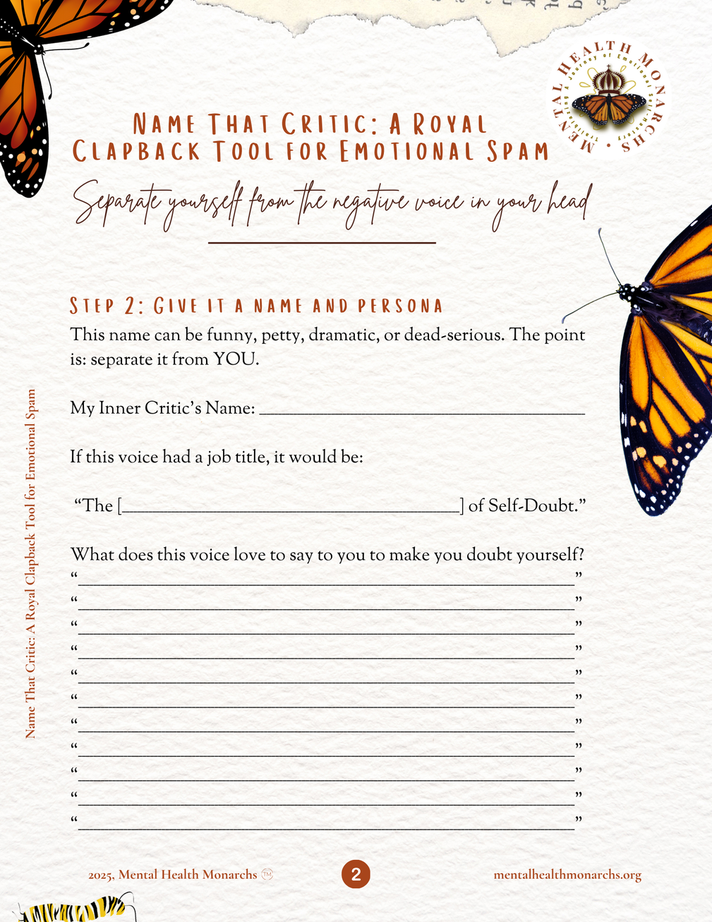 A 4-page printable worksheet titled ‘Name That Critic: A Royal Clapback Tool for Emotional Spam’ from Mental Health Monarchs. The pages include guided prompts to help users identify their inner critic’s style, name the voice, write common negative phrases it uses, and create personal affirmations to respond.