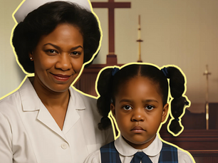 An emotionally, duplicitous image of a Black mother wearing a classic nursing uniform sitting next to her emotionally neglected and abused daughter wearing a private school uniform in a church setting where her mother is nice to everyone in public, but whom is mean behind closed doors.