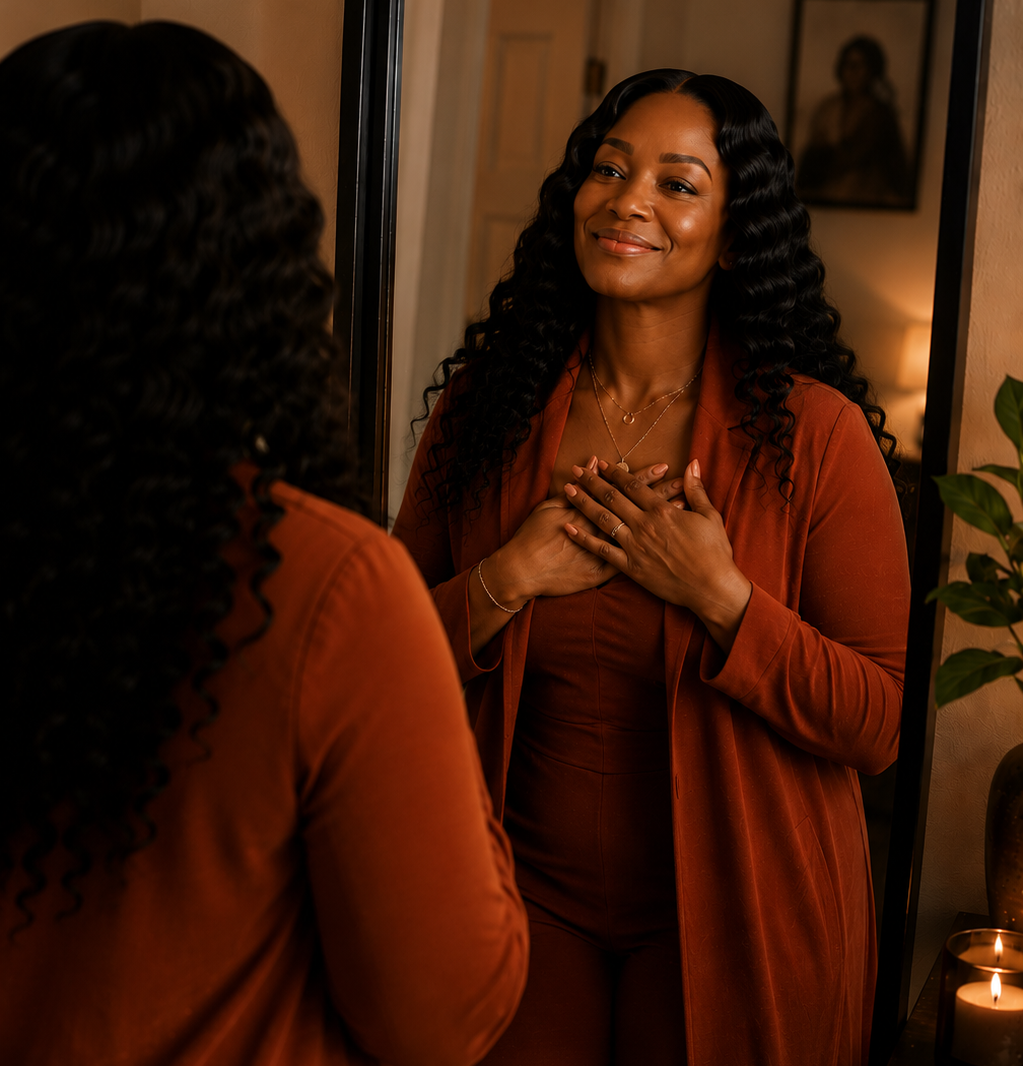 Smiling Black woman in rust outfit stands before a mirror in a warm bedroom, hands on chest, with candles glowing nearby.