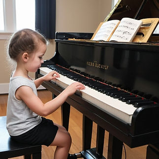 Young child playing the piano with focused concentration, enjoying piano lessons at Talent Piano Studio.