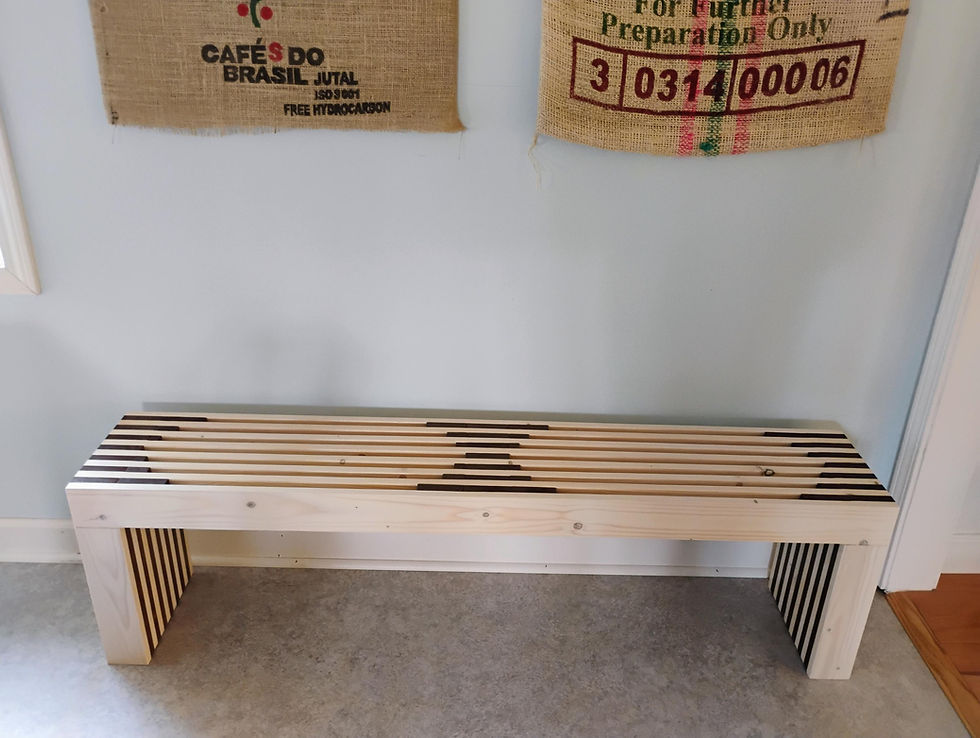 Thumbnail: Wood bench from front view with alternating white and dark stain design.