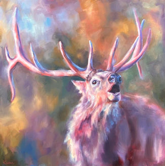 Painting of an ellk bugling in the fall.