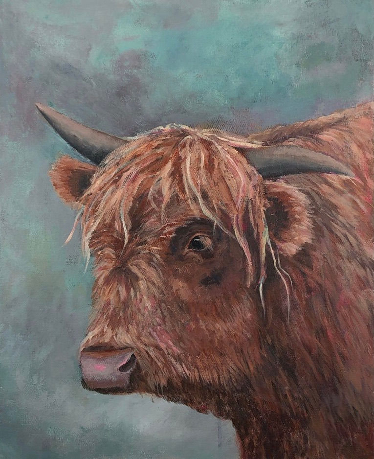 Highland cow painting by Kristin Kueber, Canadian Western and Animal Artist