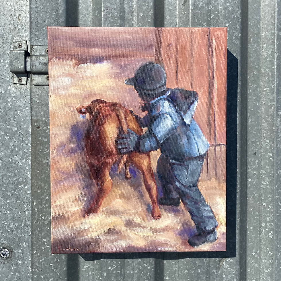 Thumbnail: Fine art painting of little boy and calf by Kristin Kueber, Canadian Western and Rural Artist