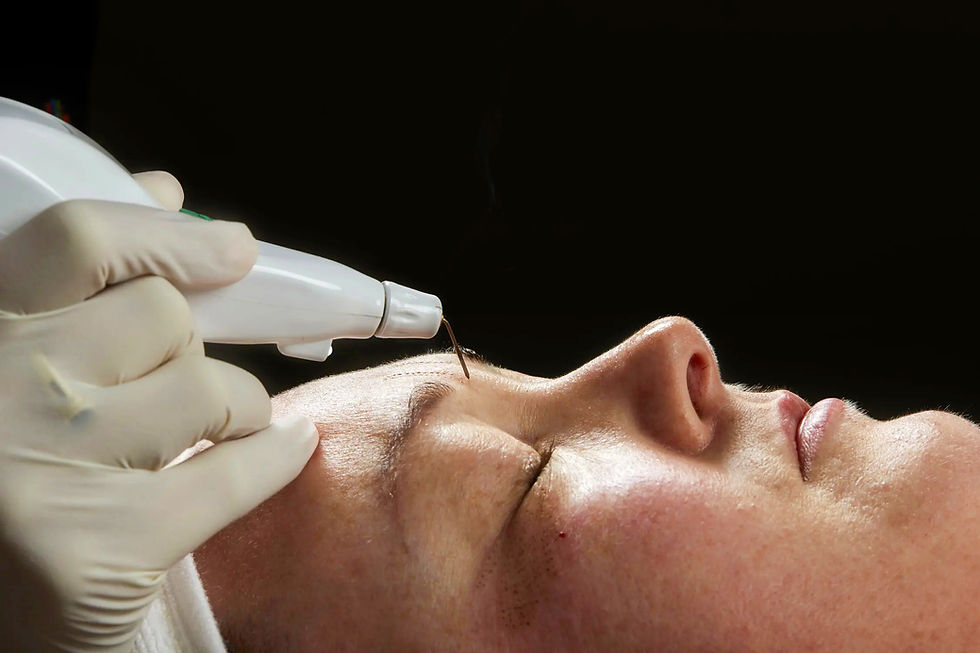Close-up of a Plexr Plus plasma device being used to treat fine lines around the upper eyelid area during a non-surgical skin tightening procedure.