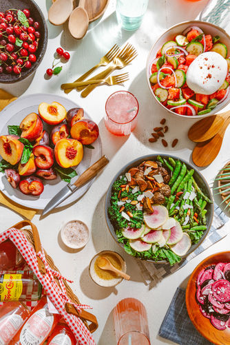 Overhead flat lay of colorful tacos with fresh toppings and sides commercial food photography Crawford Captures Chicago