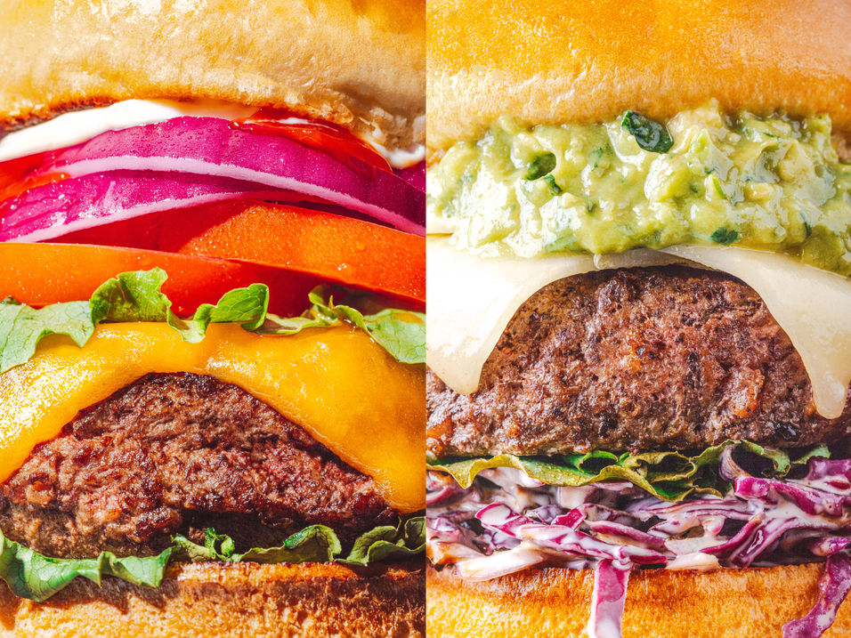 Split composition of smash burger with colorful toppings and cross-section view commercial food photography Chicago