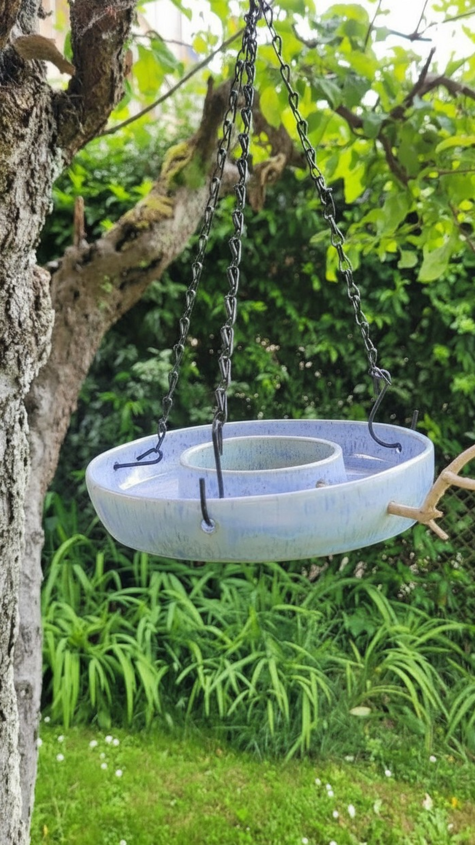 Miniature : Abreuvoir à oiseaux suspendu en céramique bleu clair dans un jardin