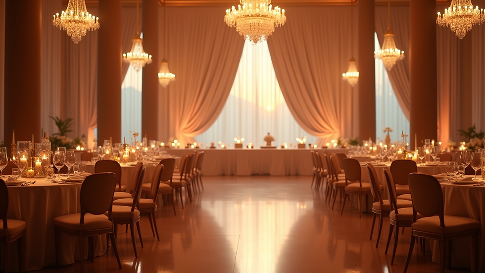 Eye-level view of a beautifully decorated event space with elegant lighting