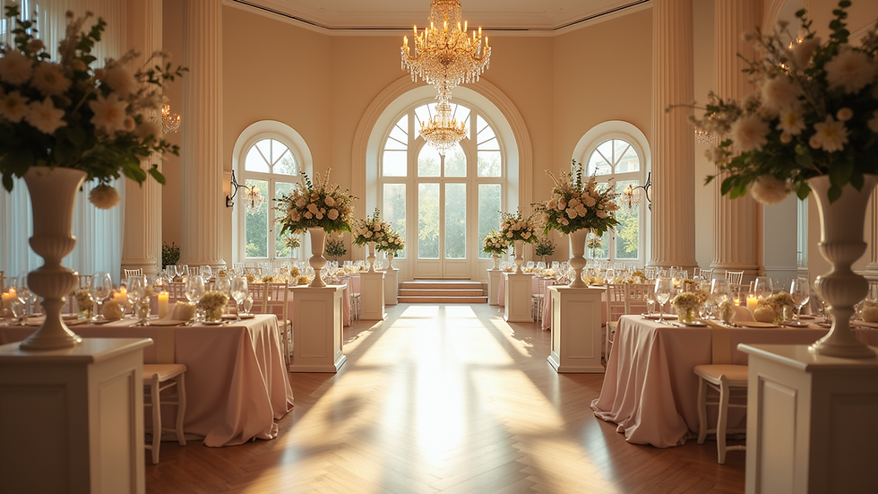 Wide angle view of a beautifully decorated wedding venue