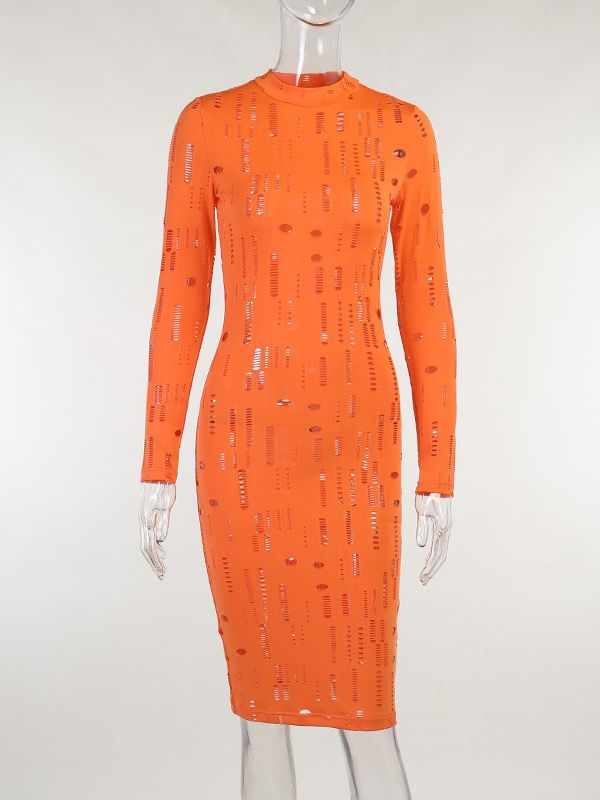 Fall Solid Hollow Out Bodycon Long Sleeve Dress