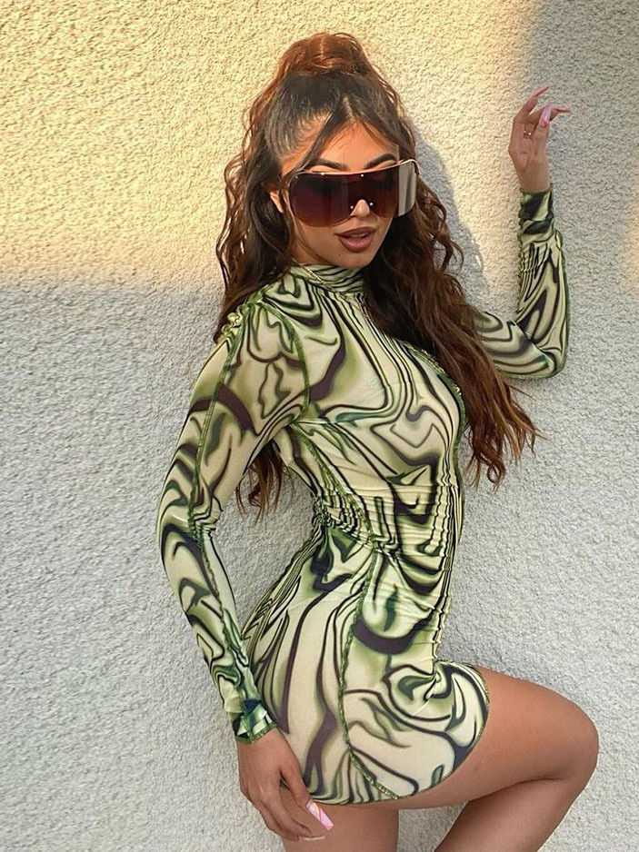 Attractive Print Skinny Long Sleeve Green Dress