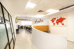 Contemporary office designed with organic pod structures and angular spatial layouts.
