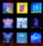 9 square display frames arranged in 3 rows of 3 showing NFT art
