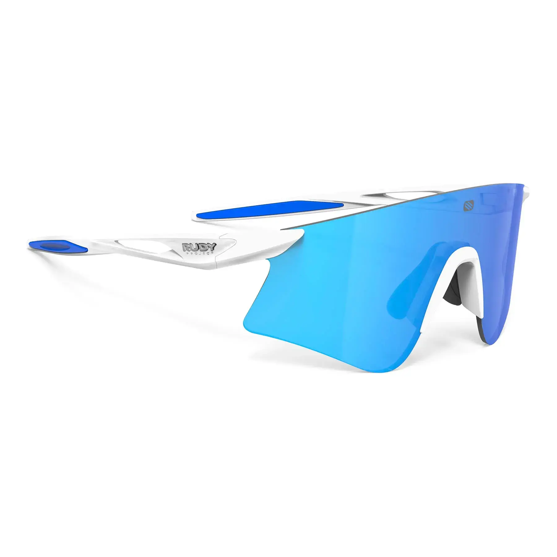 Vista lateral gafas marca rudy project modelo astral en color blanco y azul