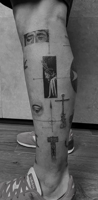 Tatuaje de microrrealismo sobre Semana Santa de Sevilla realizado por Manu López en ARS ETERNA, Sevilla Este.