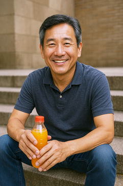 Middle-aged Asian man sitting on outdoor steps, drinking juice and smiling.