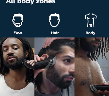 All body zones, face, hair, body, men using hair clippers, Philips Norelco Multigroom Series 5000.