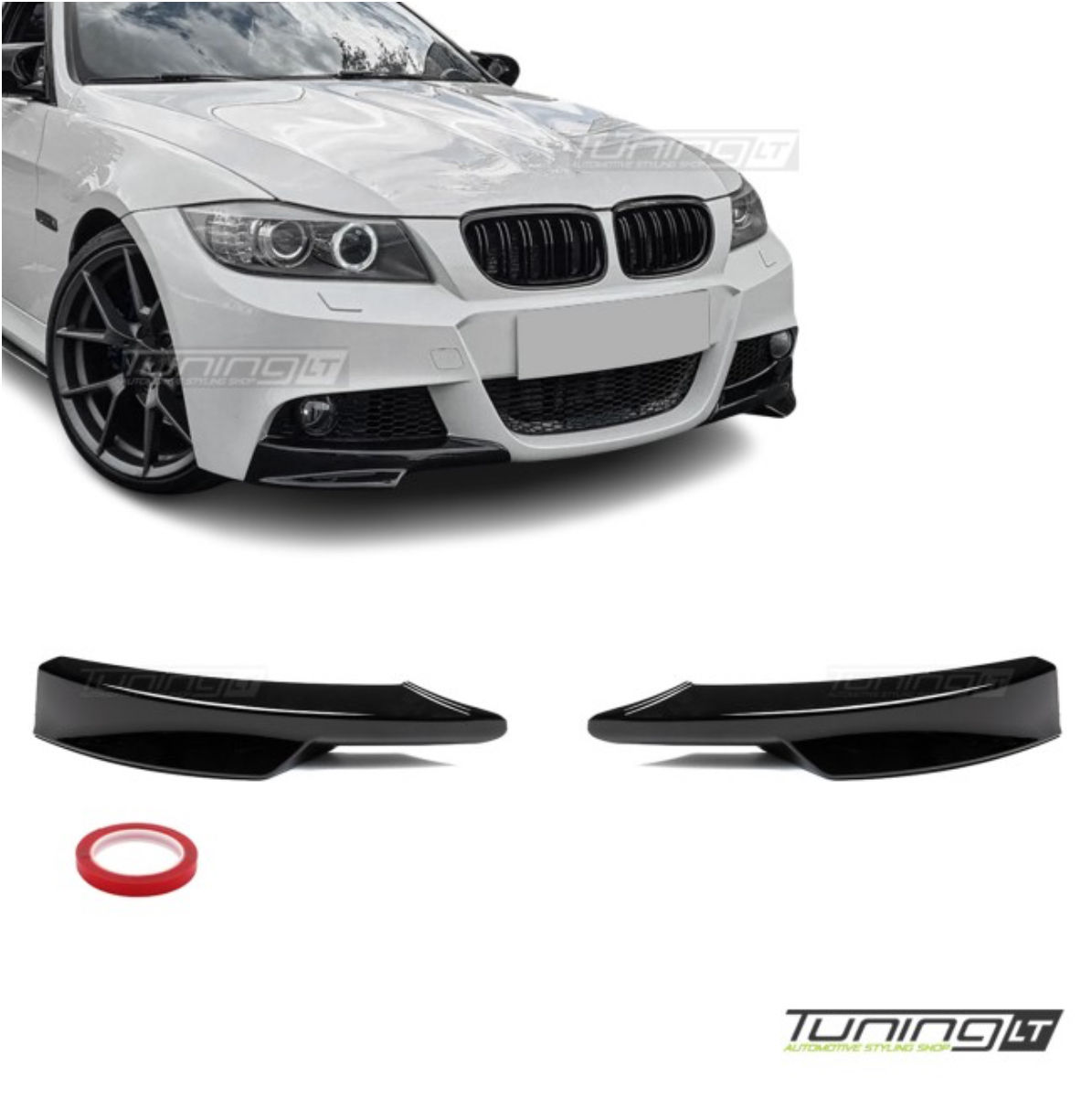 Front Bumper Splitters, set for BMW E90 / E91 LCI M-Pack bumper, glossy black