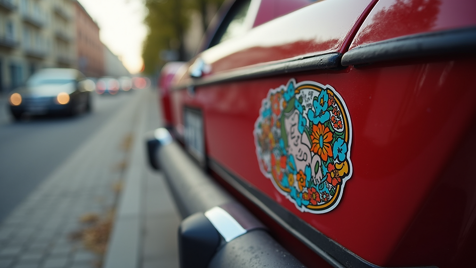 Close-up view of a colorful car sticker on a vehicle bumper