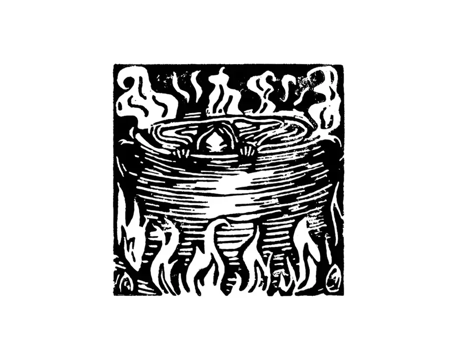 linogravure carré noir et blanc, chaudron, sorcière, feu, magie, sort, imaginaire, sort, légende, conte, illustration, nesta, acotar, fumée, sorcellerie