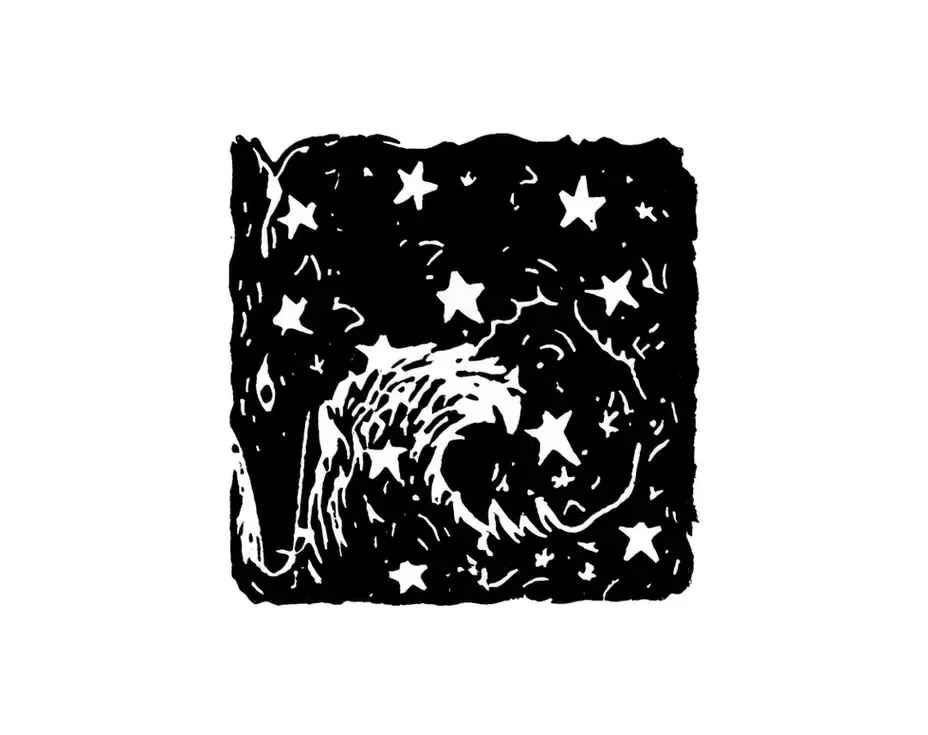 Linogravure carré noir et blanc, loup, étoiles, sauvage, nuit, fourrure, chien, illustration