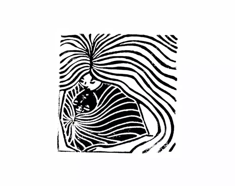 linogravure carré noir et blanc, femme, reflet, miroir, voyage intérieur, hypnotique, narcisse, mythologie, négatif, regard, cheveux, illustration