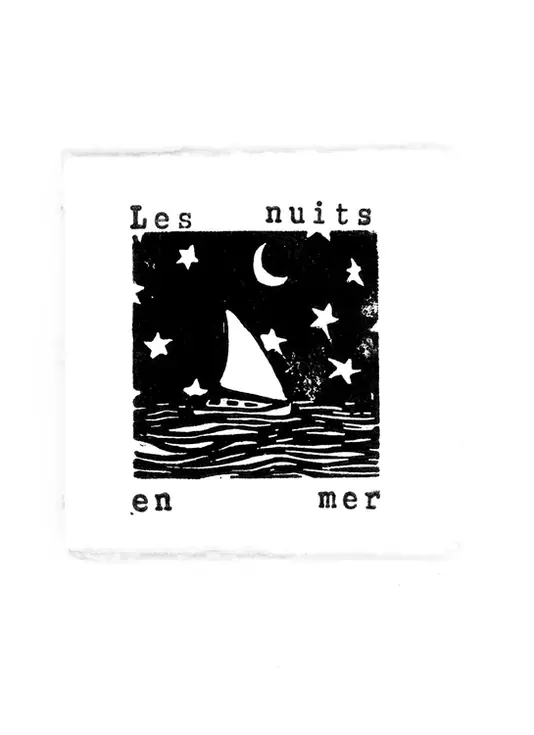 zine en linogravure noir et blanc, bateau, voilier, mer, étoile, océan, vague, poème, poésie, lune, voile