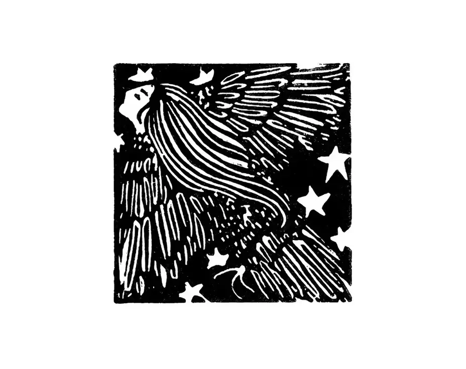 linogravure noir et blanc carré, femme-oiseau, chimère, sirène, hybride, mythologie, nuit, plumes, ailes, envol, illustration fantastique, magie, créature imaginaire